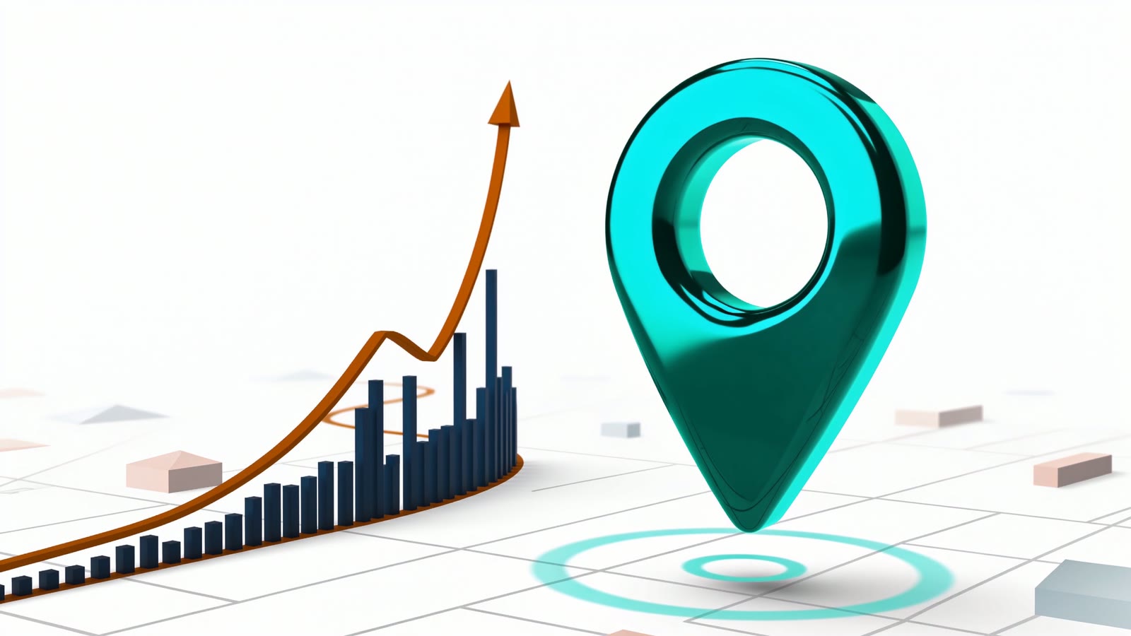 Teal map pin beside a rising amber line and bar chart